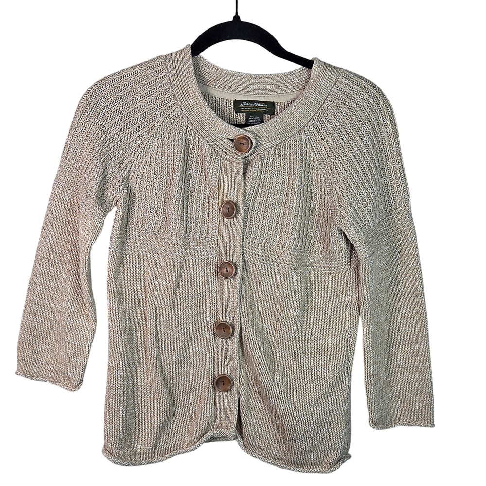 Eddie Bauer Cardigan Women S Tan Excellent Linen Blend Knit Button Front Sweater